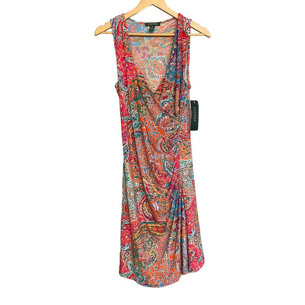 Lauren Ralph Lauren Dress Pink Multi Jersey Paisley Stretch Matte Faux Wrap Sz L